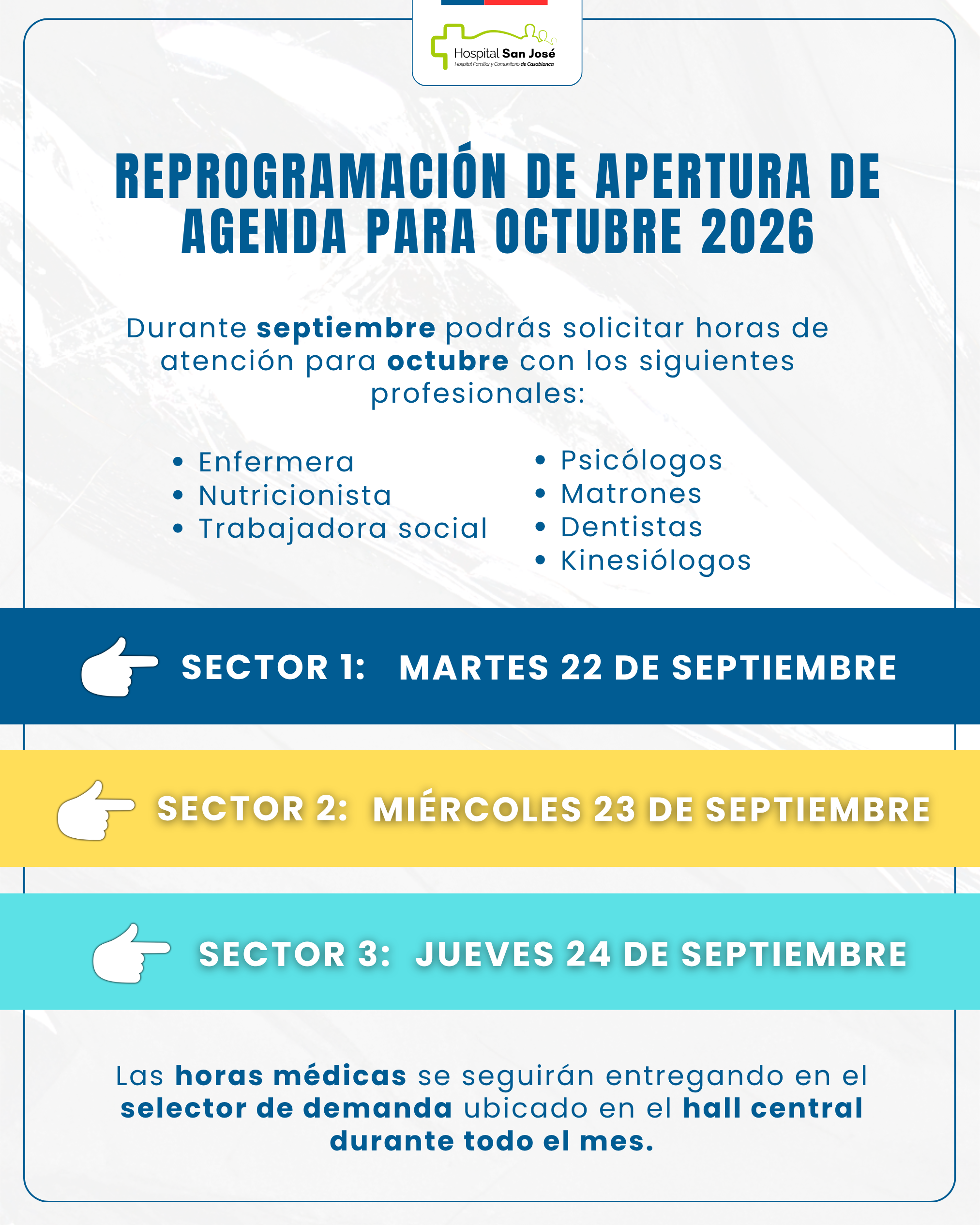 APERTURA DE AGENDAS DE SEPTIEMBRE PARA octubre