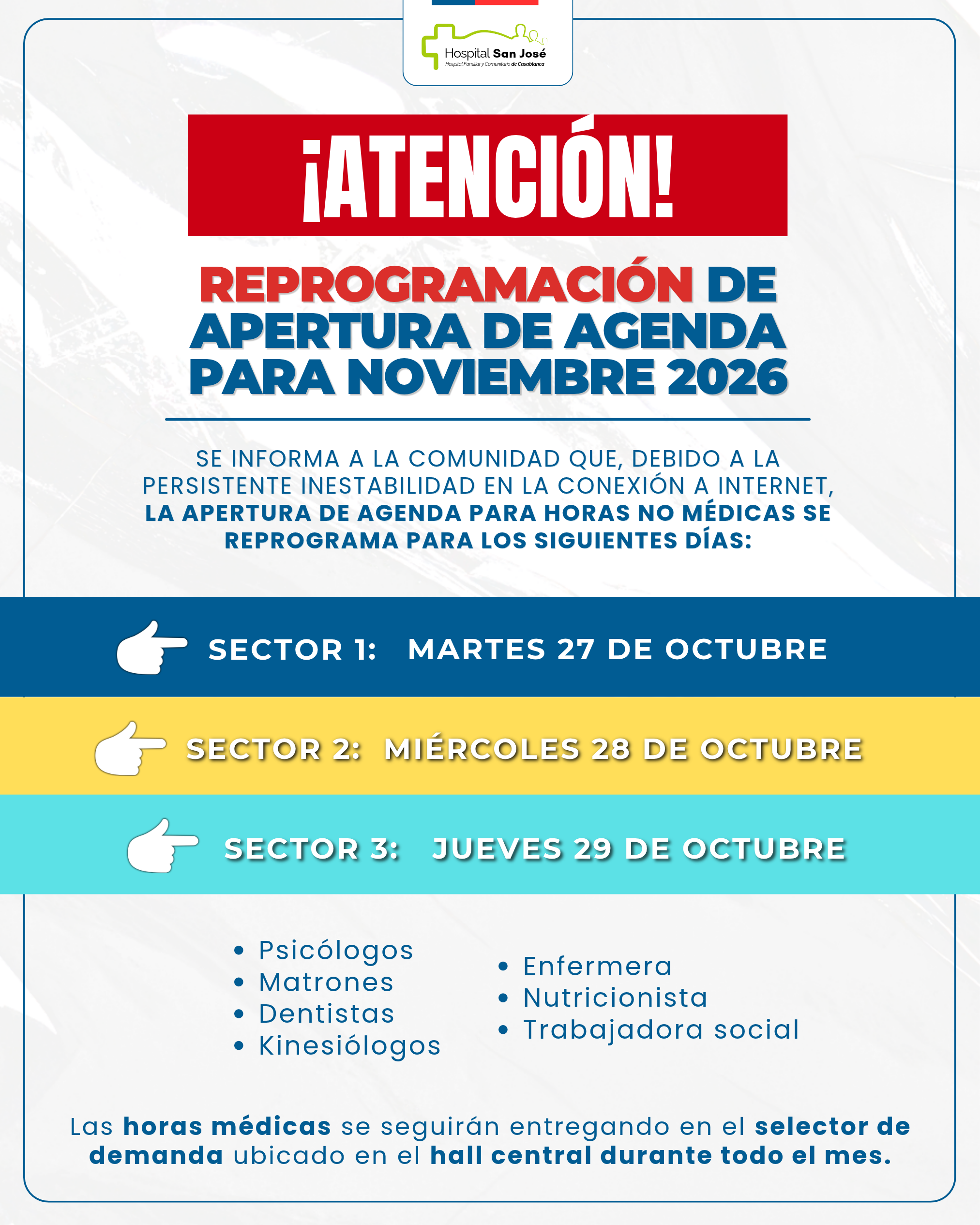 REPROGRAMACIÓN DE APERTURA DE AGENDA para NOVIEMBRE 2026